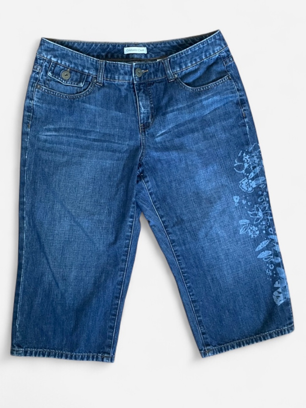 Coldwater Creek Blue Floral Laser Print Crop Capri Jeans Petite 14